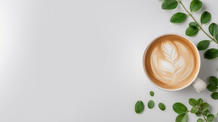 White Coffee Cup with Latte Art – Top View with Green Leaves and Negative Space on White Background