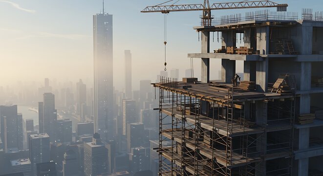 Construction Site with Crane Overlooking Foggy Urban Skyline