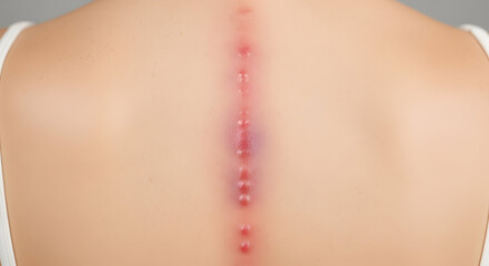 Close-up of a person's back with a fresh surgical scar running vertically down the spine showing healing process and skin recovery after surgery for medical or healthcare use