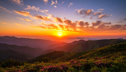 Majestic Sunset Over Mountain Range with Pink Flowers and Dramatic Clouds