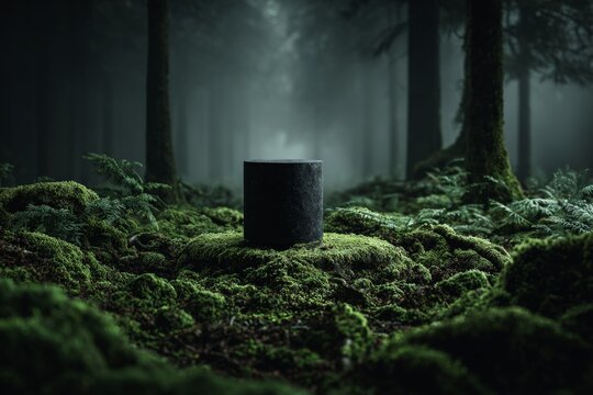 Black cylinder podium in lush green forest
