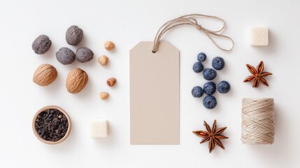 Blank Kraft Paper Tag with String – Top-Down View with Assorted Natural Food Elements