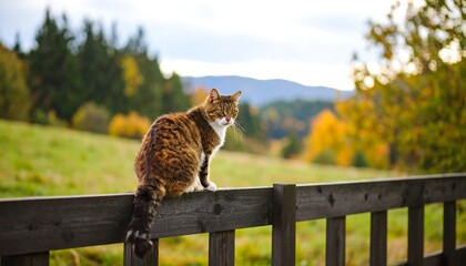 Obraz premium Cat on a rustic fence in autumnal landscape