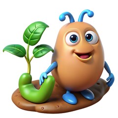 Cute cartoon character tending to a growing plant with care and joy