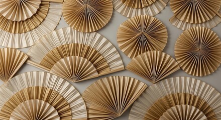 Elegant arrangement of handcrafted paper fans showcasing intricate patterns and textures golden