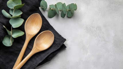 Wooden Spoons on Black Napkin with Eucalyptus – White Wood Background for Text Overlay