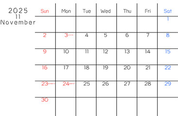 シンプル11月カレンダー　曜日英語バージョン