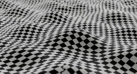 Naklejka premium Black-and-white checkered pattern warps over wavy, undulating 3D surface.