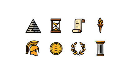 Eight icons depicting ancient civilization elements like pyramid and spartan helmet are displayed