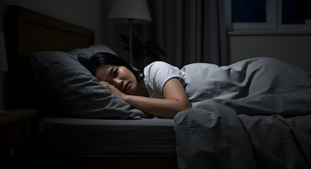 Woman lying awake in bed at night, troubled expression, dark room.