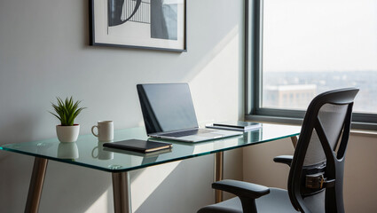 Fototapeta premium Modern Office Desk with Laptop, Minimalist Workspace and Home Office Setup