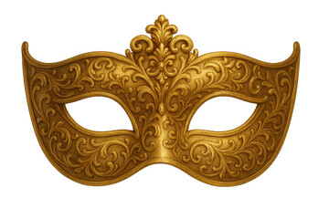 Decorative golden venetian mask with delicate flower details, gleaming against transparent backdrop, embodying carnival elegance