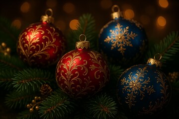 Elegant Christmas Ornaments Displayed on Evergreen Branches A Festive Holiday Still Life with Warm Bokeh Background