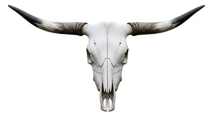 A detailed front view of a white steer skull with long curved horns against a white background