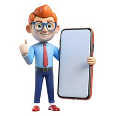 Happy cartoon businessman with glasses holding a smartphone and giving a thumbs up