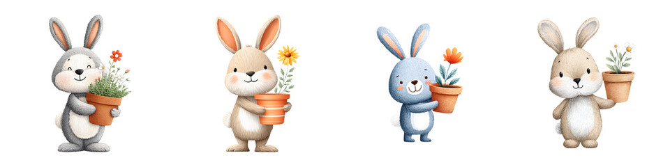 Obraz premium Cute Watercolor Bunny Rabbits with Flowers and Plants Set