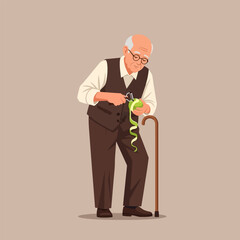 Senior Man Peeling Green Apple with Peeler Near His Walking Stick