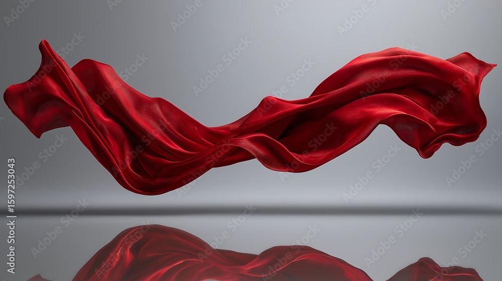Aufkleber flowing red fabric suspended in air with a reflective surface and a gray gradient background