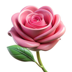 3d pink rose with green leaf isolated on transparent background