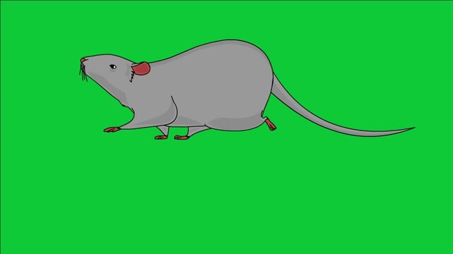 Seamless looping 2D line art animation of a rat running, isolated on a green screen background for easy chroma keying