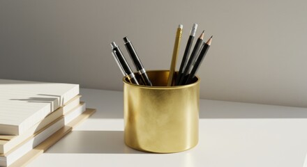 Obraz premium Brass pen holder and stacked notebooks