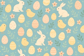 Pastel Easter Pattern with Bunnies, Chicks, and Decorated Eggs for a Festive Spring Holiday Celebration