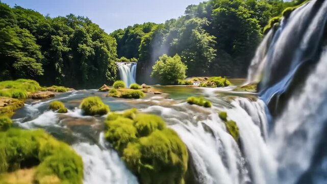 Powerful waterfall crashing into rocky pool surrounded by greenery, bright daylight, cinematic drone orbit – perfect for travel ads, eco-tourism promos, or adventure documentaries
