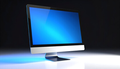 Fototapeta premium Modern computer with blue screen display on a reflective surface against a dark background
