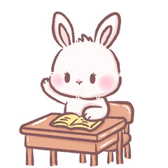 Cute cartoon bunny student sitting at wooden school desk raising hand with open book in classroom scene adorable white rabbit character learning education theme perfect for kids school illustrations