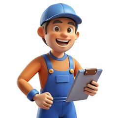 Happy cartoon mechanic wearing blue overalls and a cap holding a clipboard