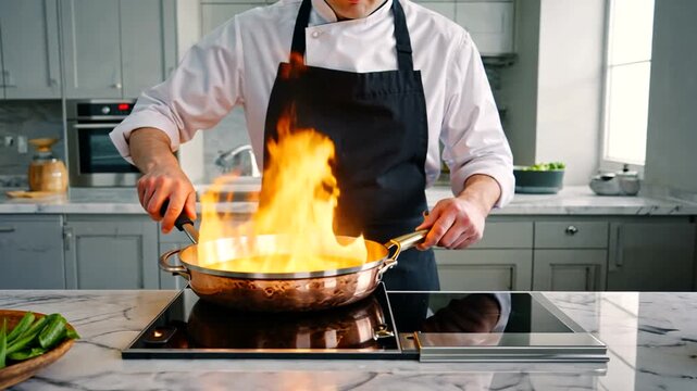 Chef skillfully flames a dish in a modern kitchen, showcasing culinary expertise and vibrant ingredients