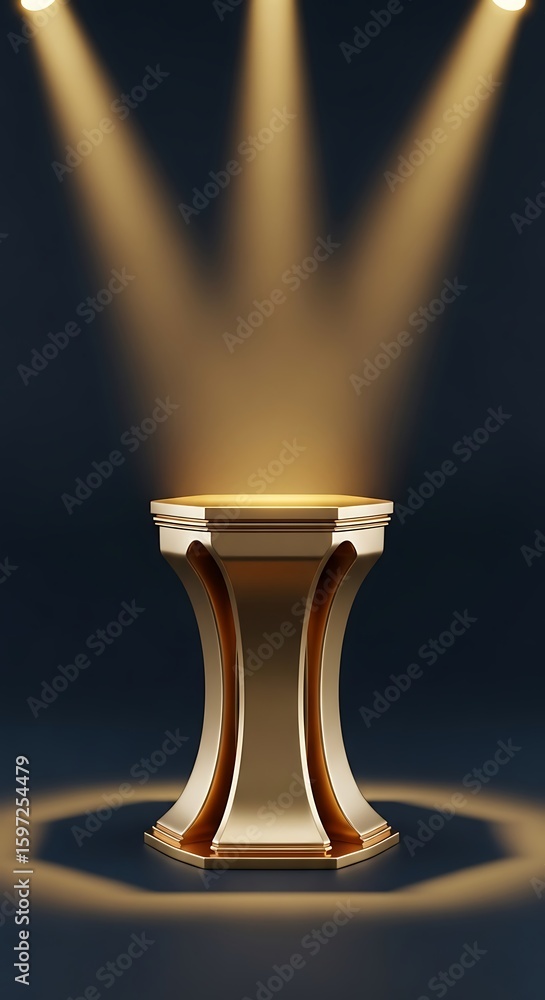 Poster golden pedestal illuminated by spotlights creating a stunning visual display presentation stage