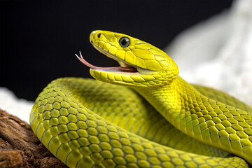 Close-up of coiled green mamba snake with neon yellow scales and sharp fangs