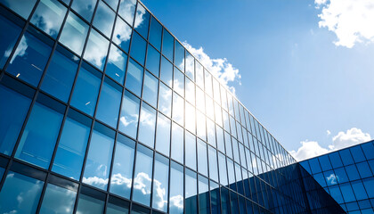 Modern Glass Facade Reflecting Sky and Clouds in Bright Sunlight