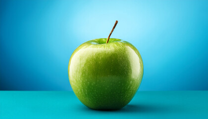 Une pomme verte sur un fond bleu.