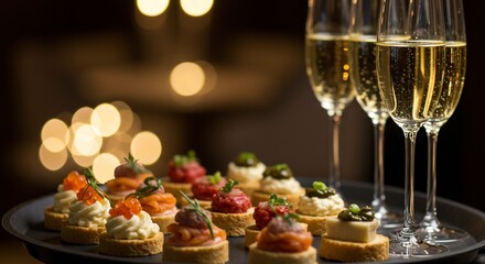 Elegant appetizer platter with champagne