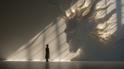 Shadow of a colossal deity over a small figure on a white canvas, divine and dramatic