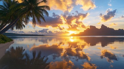 Tropical Island Sunset with Palm Trees and Water Reflection