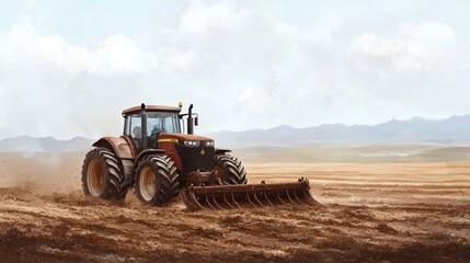 Obraz premium Tractor working soil in field, agricultural scene with equipment in farmland
