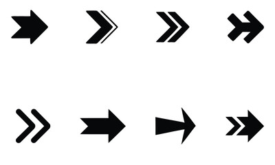 Collection of black arrow icons in various bold and geometric styles on white background
