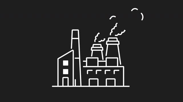Industrial air pollution white line animation of factory emitting noxious smoke. Suitable for environmental awareness campaigns and educational materials on pollution
