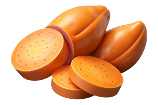 Several orange oval shaped pills with one cut in half showing the inside isolated on transparent background