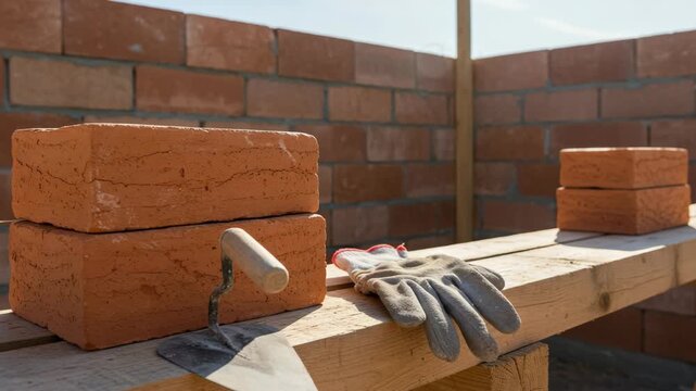 Red Bricks and Trowel on Wooden Plank Construction Site