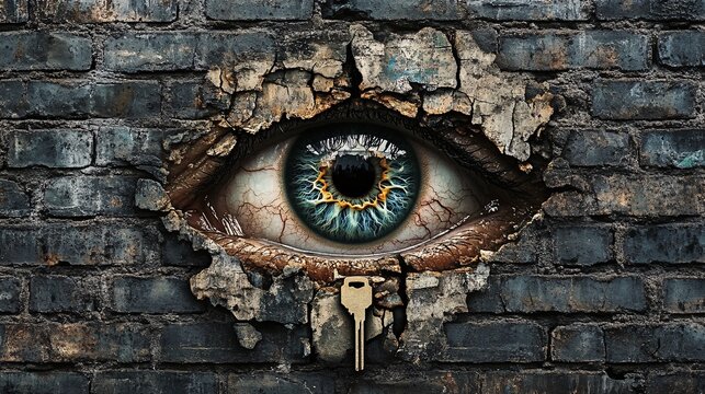 Eye in Brick Wall with Key, Surreal and Mysterious