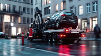 Tow truck loading broken-down car, professional driver operating controls, clean urban setting, roadside assistance, vehicle recovery service, emergency auto transport, city towing operation.