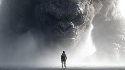 Person standing beneath a massive armored beast shadow on a white backdrop, dark and powerful