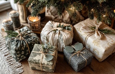 Christmas presents wrapped in fabric under christmas tree with burning candles