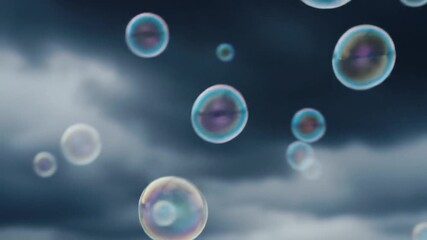 Floating soap bubbles against a dark, cloudy sky - Powered by Adobe