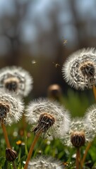 Obraz premium Close up of dandelion seed heads with seeds floating in the air