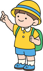 a boy in a hat pointing in that direction